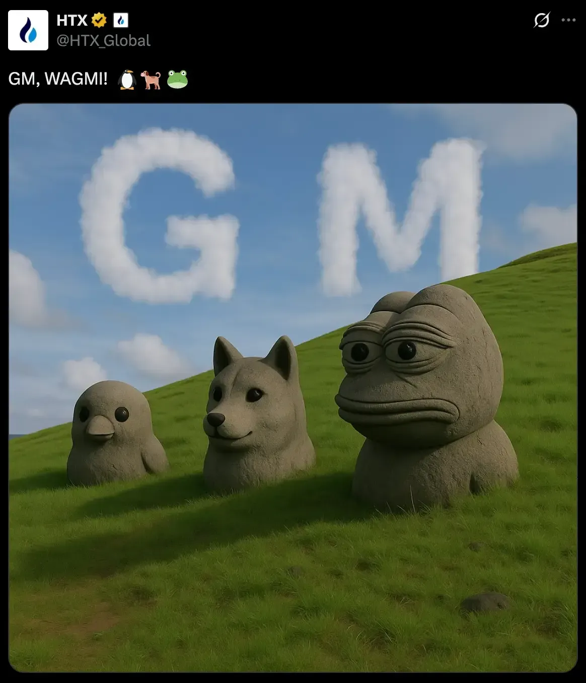 Three iconic meme-inspired stone statues (bird, dog, Pepe) sitting on a grassy hill under a sky with 'GM' spelled in fluffy clouds.